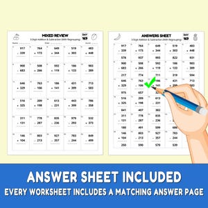 May include: Two worksheets for 3-digit addition and subtraction with regrouping. The left worksheet is labeled "Mixed Review" and the right worksheet is labeled "Answers Sheet". The text "Answer Sheet Included" is at the bottom.