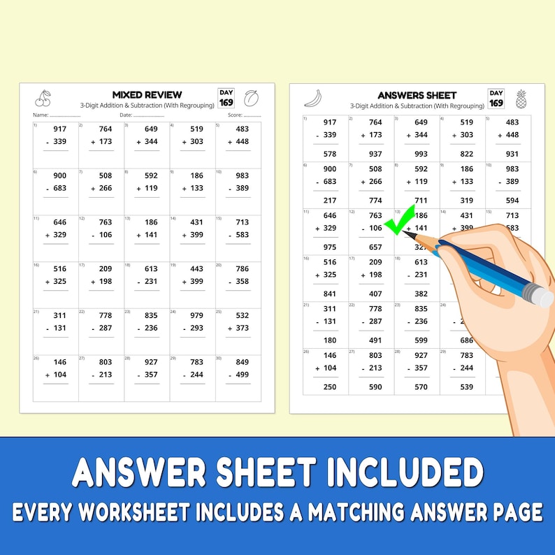 May include: Two worksheets for 3-digit addition and subtraction with regrouping. The left worksheet is labeled "Mixed Review" and the right worksheet is labeled "Answers Sheet". The text "Answer Sheet Included" is at the bottom.