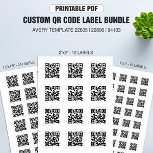 May include: A selection of printable PDF custom QR code labels. The image displays white label sheets with black QR codes. Sizes include 5.08cm x 5.08cm with 12 labels, 3.81cm x 3.81cm with 24 labels, and 2.54cm x 2.54cm with 48 labels. Text at the top reads "PRINTABLE PDF".