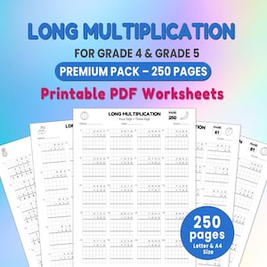 May include: Printable PDF worksheets for long multiplication, suitable for grades 4 and 5. The pack contains 250 pages of maths problems. The worksheets are letter and A4 size. The text on the image reads "Long Multiplication".
