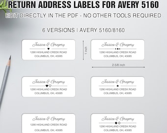Return Address Labels – Editable for Avery Labels 5160 - Address Label Template - Printable Envelope Return Address Label - Avery 1 x 2-5/8"