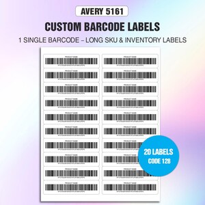 Puede incluir: Hoja blanca de etiquetas de código de barras personalizadas con el texto "AVERY 5161" en la parte superior. La hoja contiene 20 etiquetas con el texto "PRODUCT NAME" y un código de barras. Un círculo azul indica "20 LABELS CODE 128".