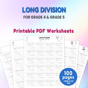 Może przedstawiać: Zestaw arkuszy PDF do druku do dzielenia pisemnego, przeznaczonych dla klas 4 i 5. Arkusze zawierają zadania matematyczne z miejscem na obliczenia. Obraz zawiera tekst "Long Division". Arkusze mają 100 stron w formacie A4.