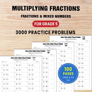 May include: A math workbook titled Multiplying Fractions, Fractions & Mixed Numbers for Grade 5 with 3000 practice problems. The document includes 100 pages in Letter and A4 size, featuring worksheets with numbered multiplication problems for fractions.