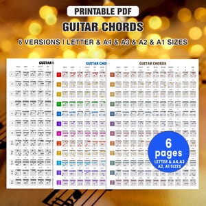 May include: Printable PDF guitar chord charts in six versions, including Letter, A4, A3, A2, and A1 sizes. The charts display various guitar chords in a colorful and organized format, with a blue circle indicating the number of pages.