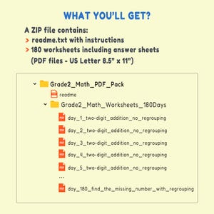 May include: A digital download graphic with the text "WHAT YOU'LL GET?" lists a ZIP file containing a readme.txt file with instructions and 180 worksheets including answer sheets. The worksheets are PDF files, US Letter 8.5" x 11".