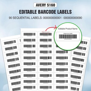 Puede incluir: Hojas de etiquetas Avery 5160 blancas con etiquetas de código de barras negras. Se muestra el texto "EDITABLE BARCODE LABELS" y "90 SEQUENTIAL LABELS". Un primer plano muestra una etiqueta de ejemplo con el texto "Organic Soy Candle".