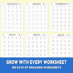 May include: A collection of math worksheets for elementary students. The worksheets cover topics like subtraction, addition, and mental math. The text "Grow with Every Worksheet" and "180 Days of Engaging Worksheets" is displayed.
