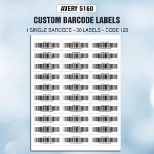 May include: White Avery 5160 custom barcode labels with black barcode lines and text. The labels are arranged in a grid, with the text "Wireless Mouse" and a code printed on each label. The text "CUSTOM BARCODE LABELS" is printed at the top.