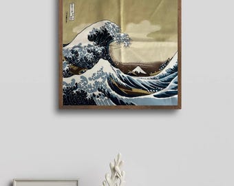 Hokusai Great Wave Neutral Wall Art | Minimalist Japanese Fabric Decor | Zen Interior Hanging