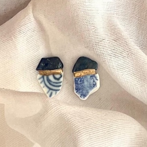 Kintsugi Sea Pottery & Lapis Lazuli Earrings Handmade in Japan / Nickel-Free / Free Worldwide Shipping