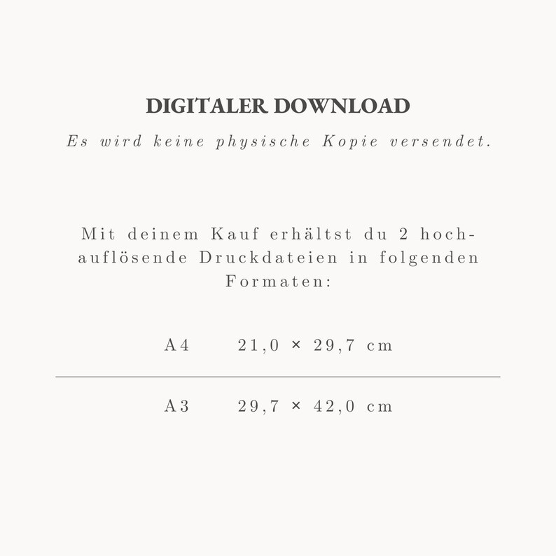 Peut inclure: Annonce de t&eacute;l&eacute;chargement num&eacute;rique avec texte noir sur fond cr&egrave;me. Le texte comprend "DIGITALER DOWNLOAD" et des d&eacute;tails sur les formats de fichiers d'impression : A4 (21,0 x 29,7 cm) et A3 (29,7 x 42,0 cm).