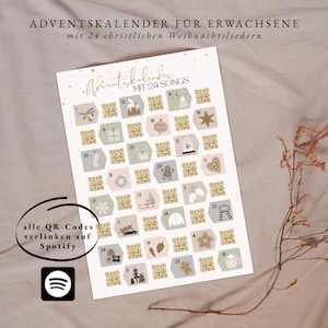 Könnte beinhalten: Adventskalender mit 24 Liedern, mit Illustrationen und QR-Codes. Der Text lautet "Adventskalender für Erwachsene mit 24 christlichen Weihnachtsliedern" und "alle QR-Codes verlinken auf Spotify". Der Kalender hat ein Spotify-Logo.