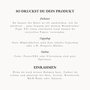 Peut inclure: Une image cr&egrave;me avec du texte en allemand. Le texte donne des instructions sur la fa&ccedil;on d'imprimer un produit &agrave; la maison, dans une imprimerie et en ligne. Il sugg&egrave;re &eacute;galement o&ugrave; acheter des cadres.