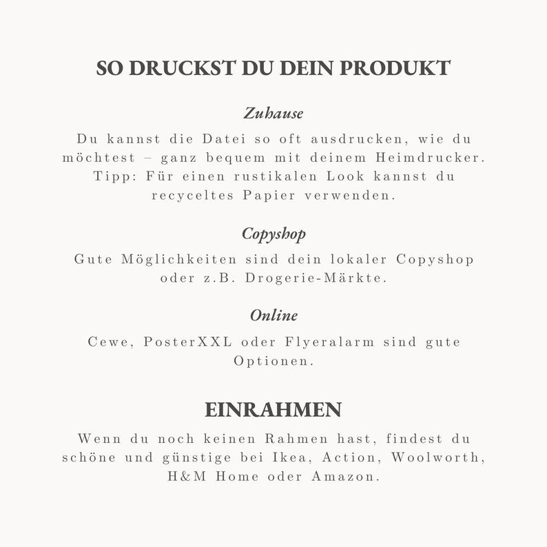 Peut inclure: Une image cr&egrave;me avec du texte en allemand. Le texte donne des instructions sur la fa&ccedil;on d'imprimer un produit &agrave; la maison, dans une imprimerie et en ligne. Il sugg&egrave;re &eacute;galement o&ugrave; acheter des cadres.