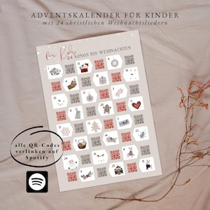 Könnte beinhalten: Adventskalender für Kinder mit 24 Weihnachtsliedern. Der Kalender zeigt 24 nummerierte Kästchen mit festlichen Illustrationen und QR-Codes, die zu Spotify führen. Der Text auf dem Kalender lautet "für Kinder" und "24 Songs bis Weihnachten".