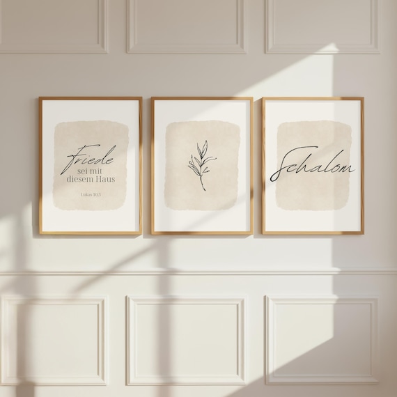 christliche Poster 3er Set Bilder Bibelvers modern beige Wanddeko christlich Geschenke Schalom Poster Friede Eingang Poster Glaube Geschenk