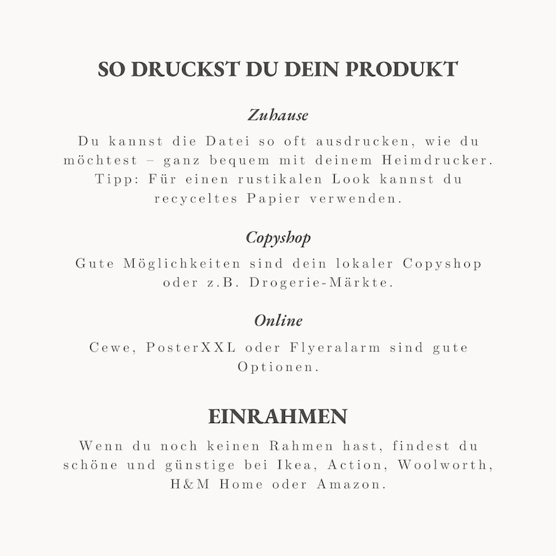 Op de afbeelding: Een cr&egrave;mekleurige afbeelding met de titel "SO DRUCKST DU DEIN PRODUKT" in een schreefletter. De tekst geeft instructies over het afdrukken van producten thuis, in een copyshop of online, en waar je lijsten kunt vinden.