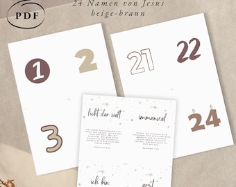 May include: Advent calendar with the text "ADVENTSKALENDER 24 Namen von Jesus beige-braun". The calendar features numbered cards in brown and beige, with the numbers 1, 2, 3, 21, 22, and 24 visible. Additional text is present on the cards.