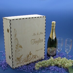 Wedding Champagne Box Set with 2 Keepsake Drawers and 2 Custom Etched Crystal Flutes image 4