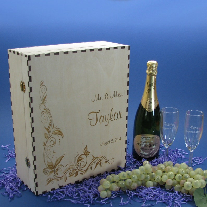Wedding Champagne Box Set with 2 Keepsake Drawers and 2 Custom Etched Crystal Flutes image 4