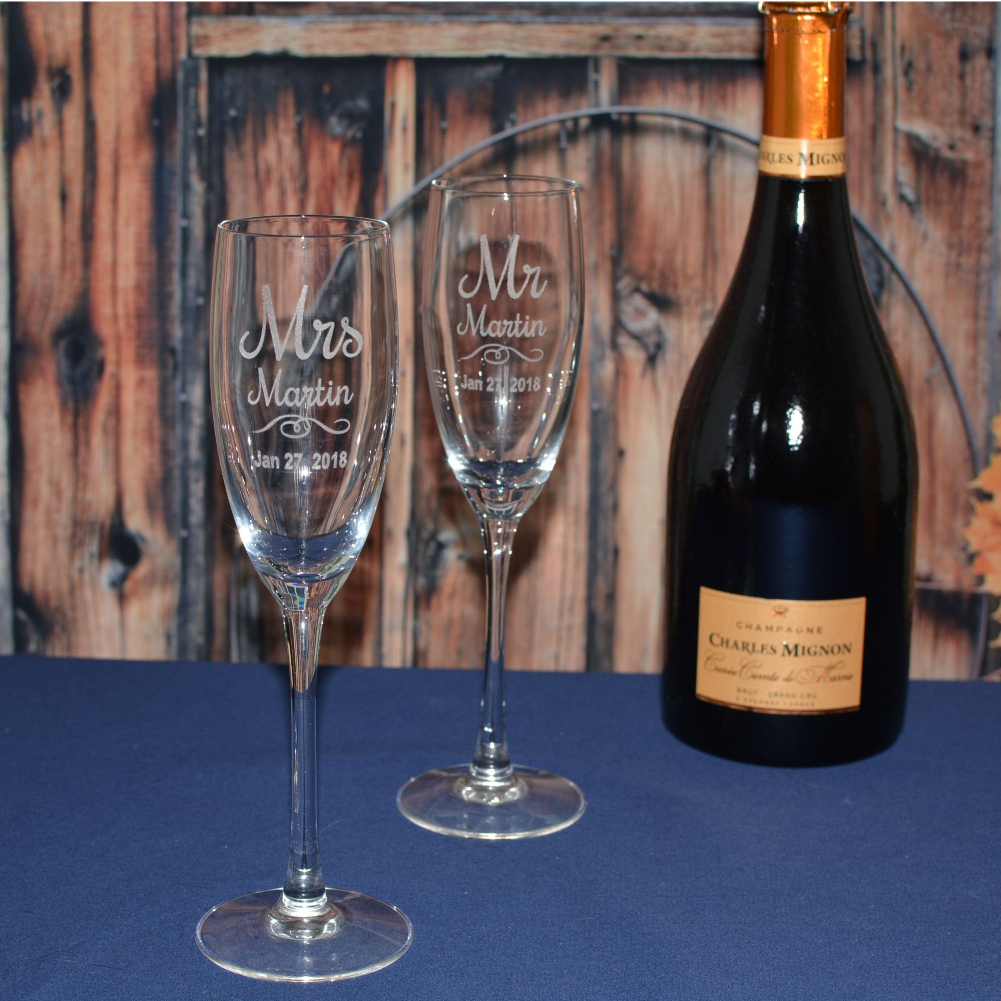 Personalized Wood Champagne Flute Gift Box with 2 Custom Etched Crystal