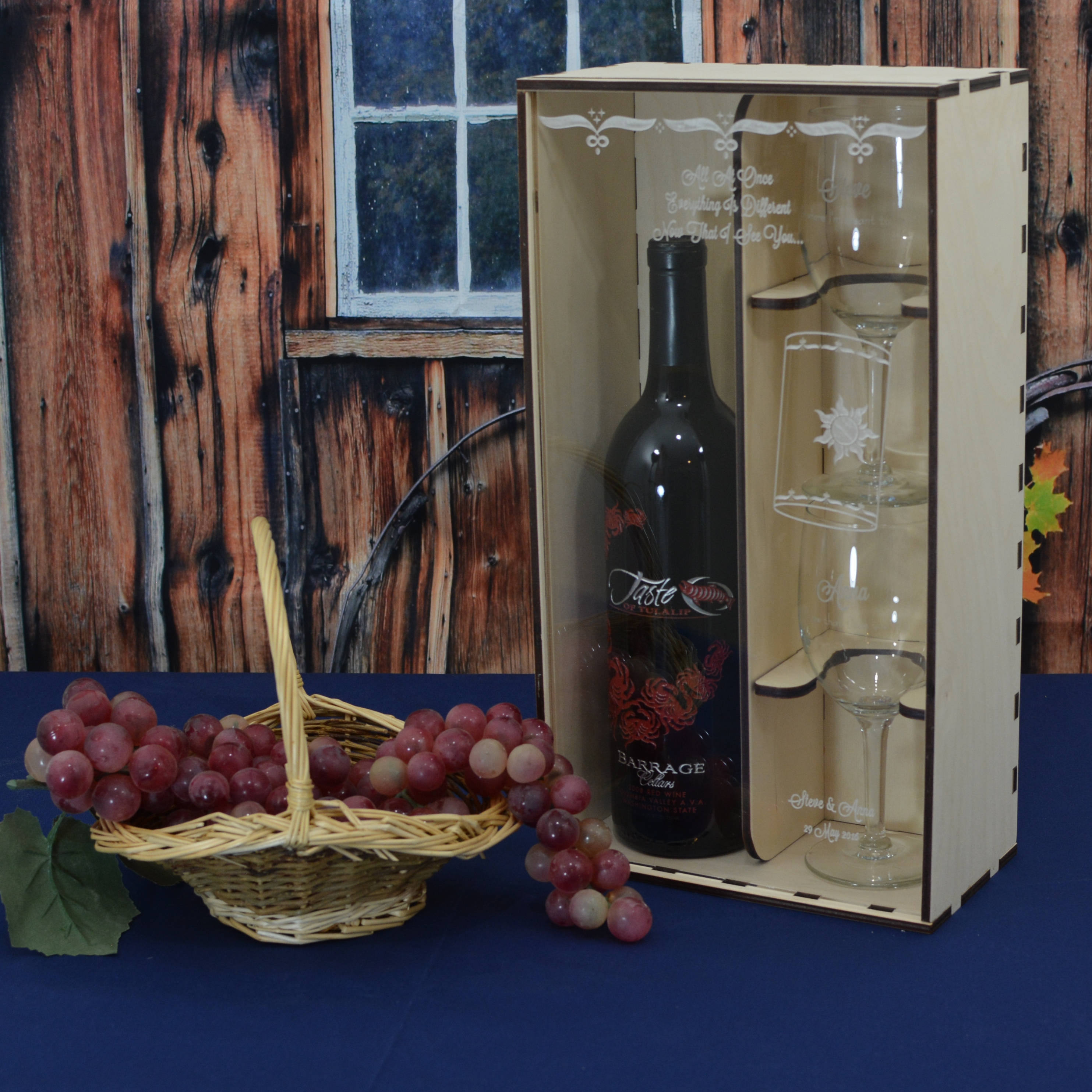 Wine Gift Box with Clear Acrylic Front Cover and 2 Personalized Etched