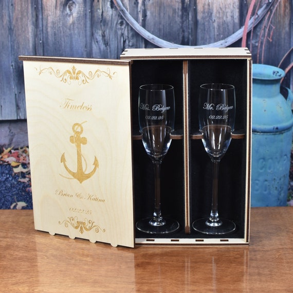 Personalized Wood Champagne Flute Gift Box with 2 Custom Etched Crystal Flutes.