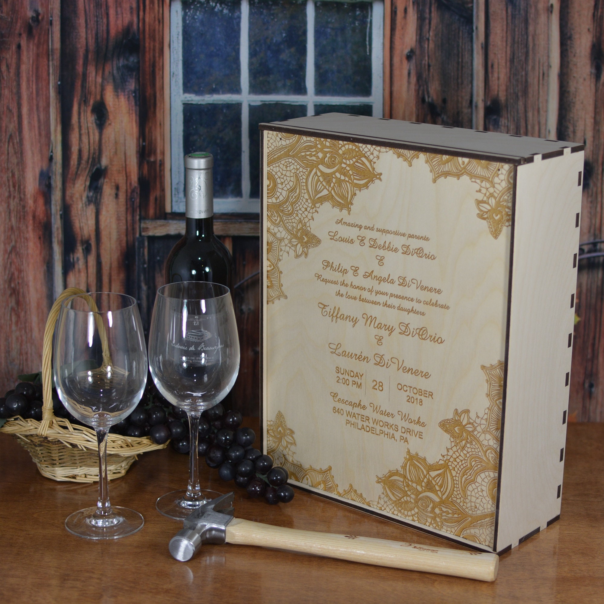 Personalized Wedding Ceremony Wine Box with 2 Crystal Wine Glasses