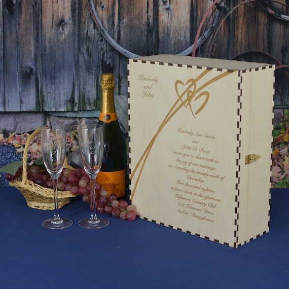 Elegant Personalized Wood Wedding Champagne Box Set with 2 Keepsake Drawers and 2 Personalized Crystal Flutes