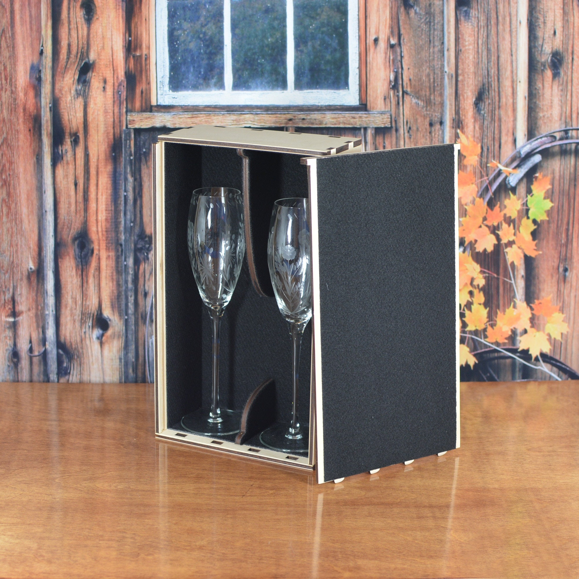 Personalized Wood Wedding Champagne Flute Gift Box with 2 Custom Etched