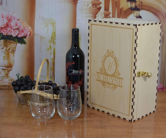 Wedding Ceremony Wine Box with Mini Padlock & Keys and 2 Personalized Stemless Wine Glasses