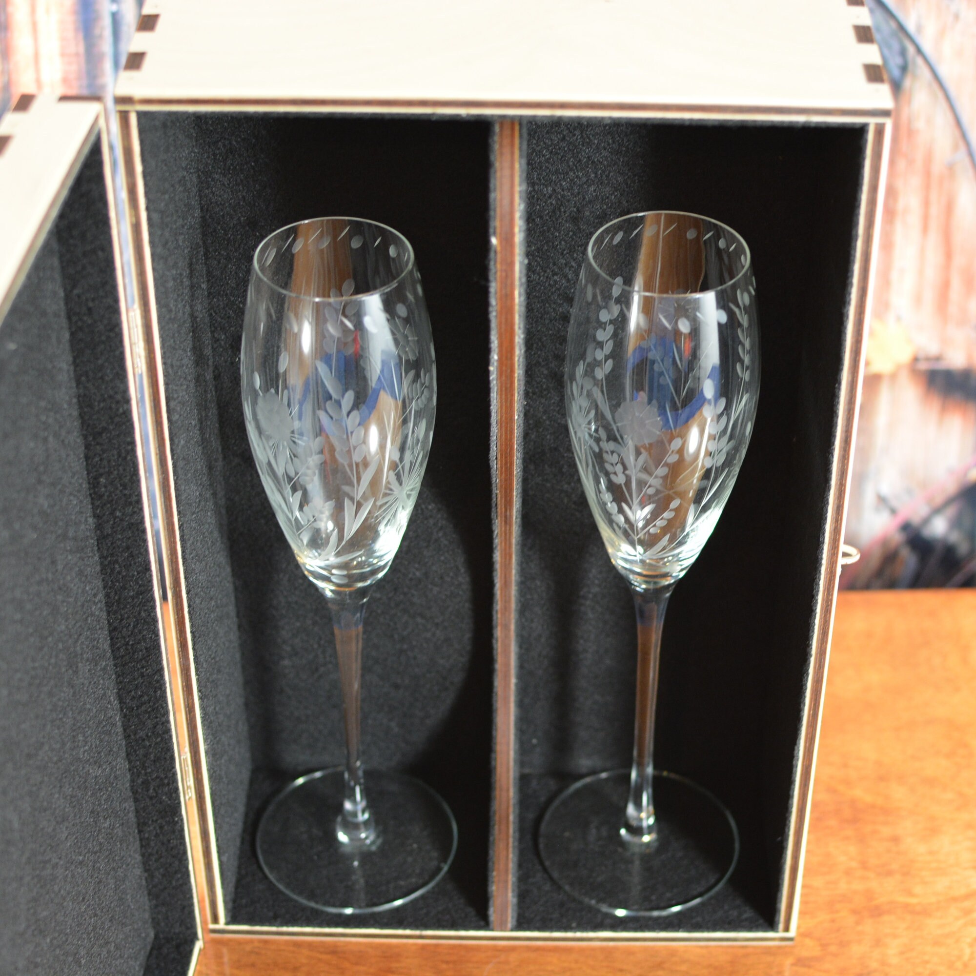 Wood Champagne Flute Gift Box with 2 Crystal Flutes Personalized by You