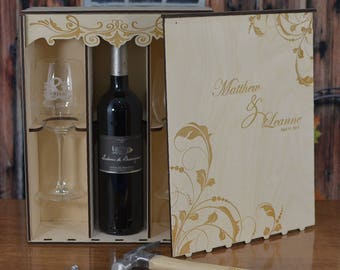 Personalized Wedding Ceremony Wine Box with 2 Crystal Wine Glasses