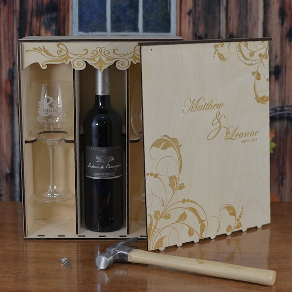 Personalized Wedding Ceremony Wine Box with 2 Crystal Wine Glasses