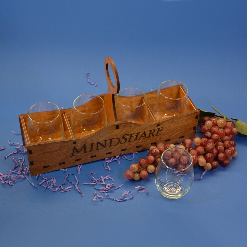 Glass Carrier with 4 Personalized Stemless Wine or Whiskey Etsy