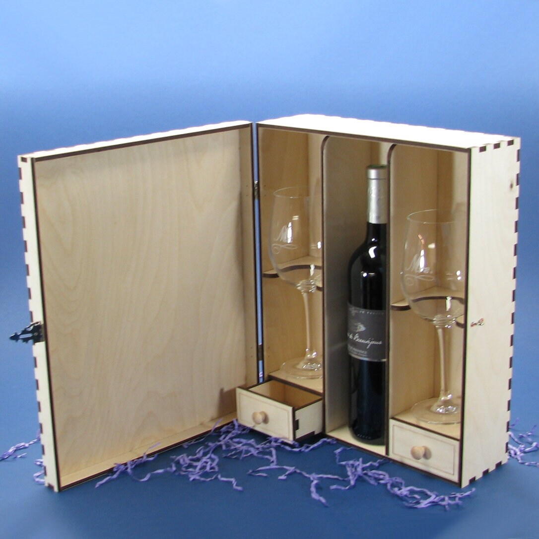 Ceremony Wedding Wood Wine Gift Box with 2 Personalized 16 Oz Crystal