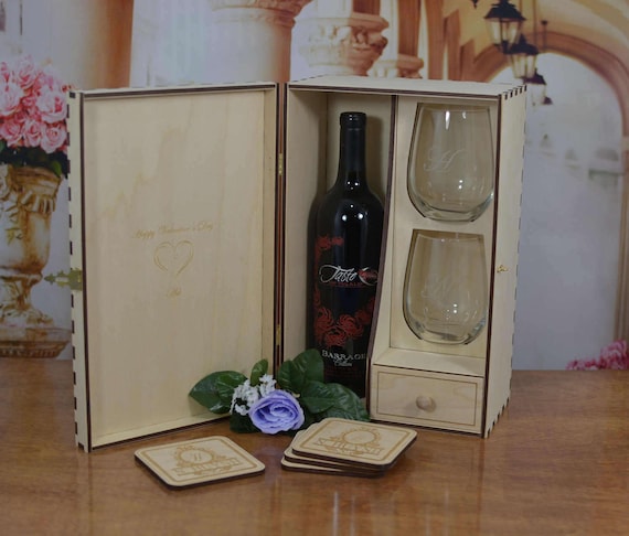 Personalized Wedding Ceremony Wine Box with Padlock & Keys with 2 Personalized Stemless Wine Glasses and 4 Coasters
