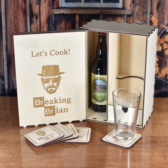 Custom Engraved Wood Beer Gift Box with Custom Etched Glass and 4 Personalized Coasters