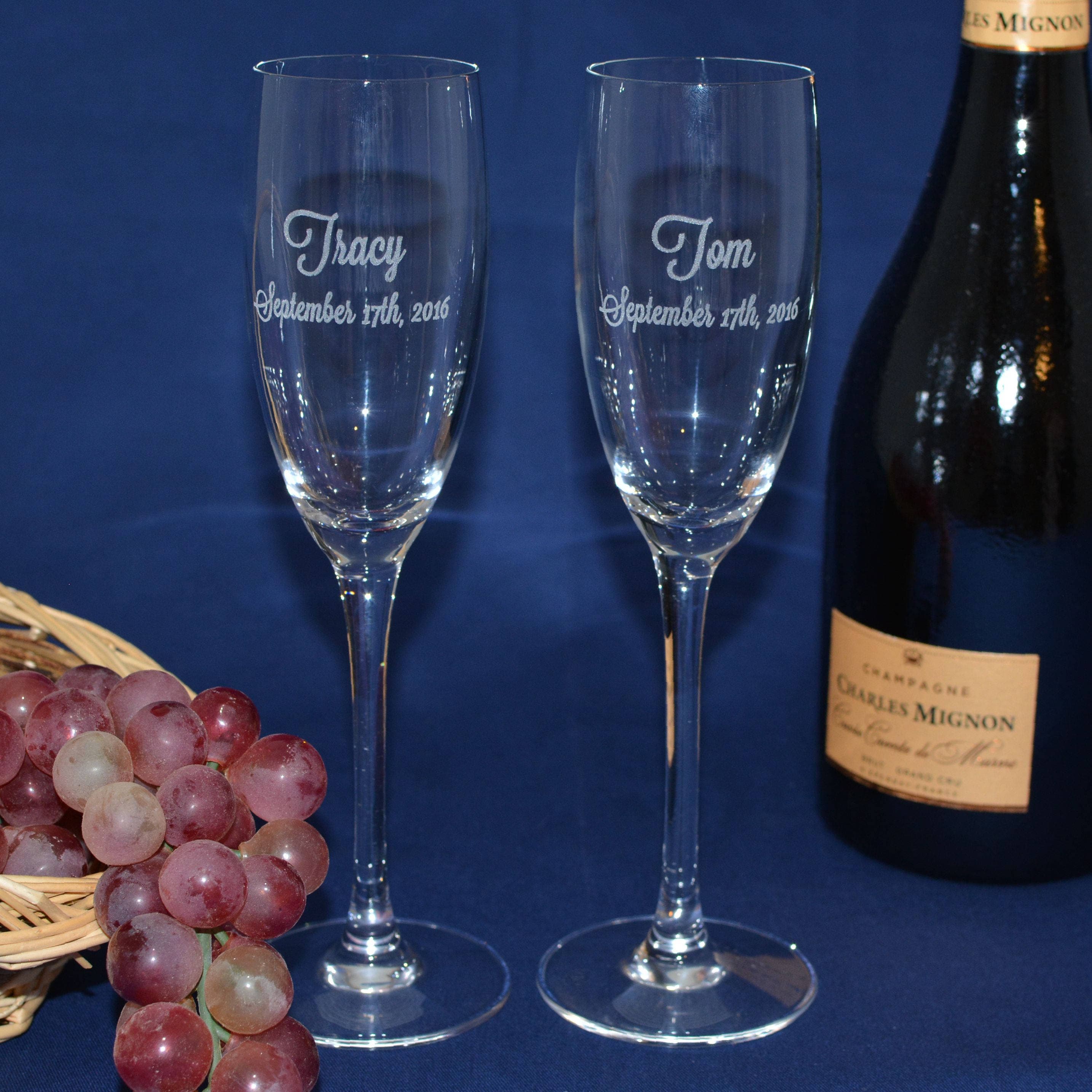 Wedding Champagne Box Set with 2 Keepsake Drawers and 2 Custom Etched