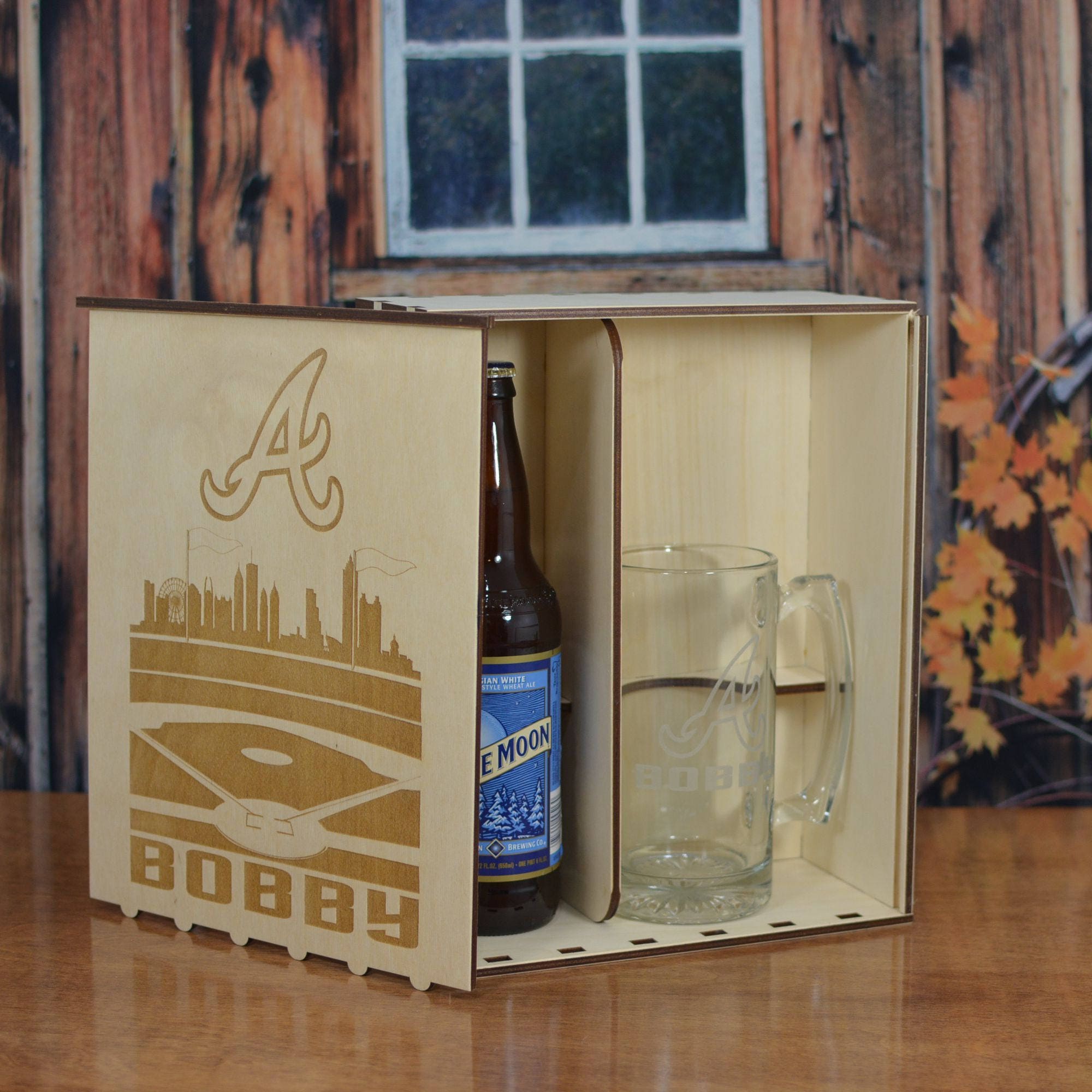Engraved Wood Beer Gift Box with Your Choice of Etched Glassware