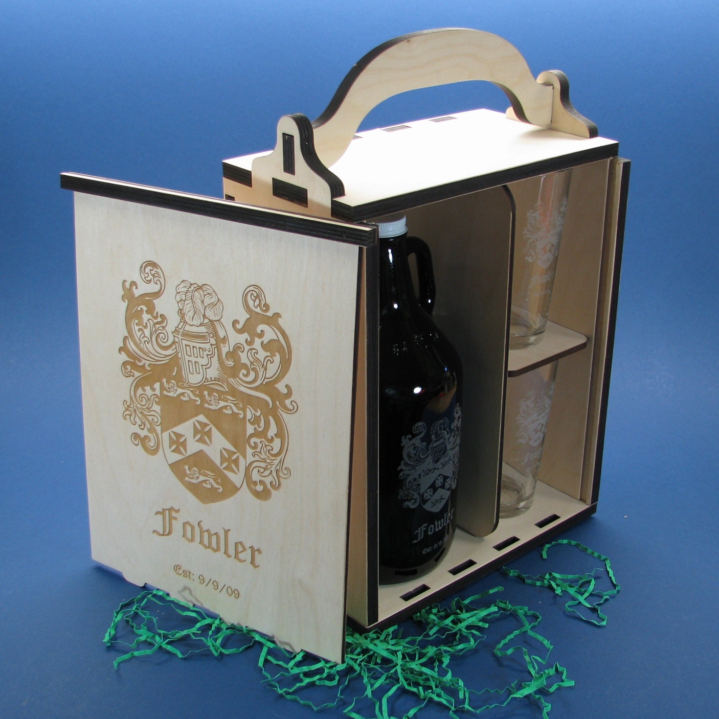 Personalized Wood Beer Growler Gift Box Set with 2 Pint or Belgian