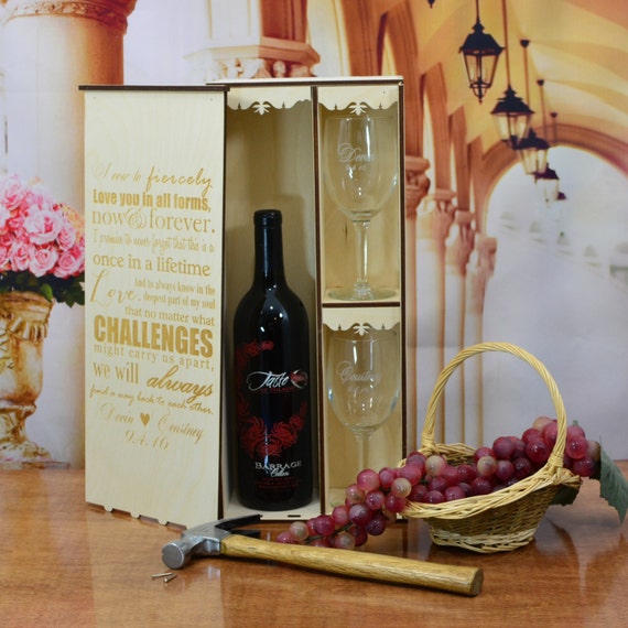 Personalized Wedding Ceremony Wine Box with 2 Custom Glasses