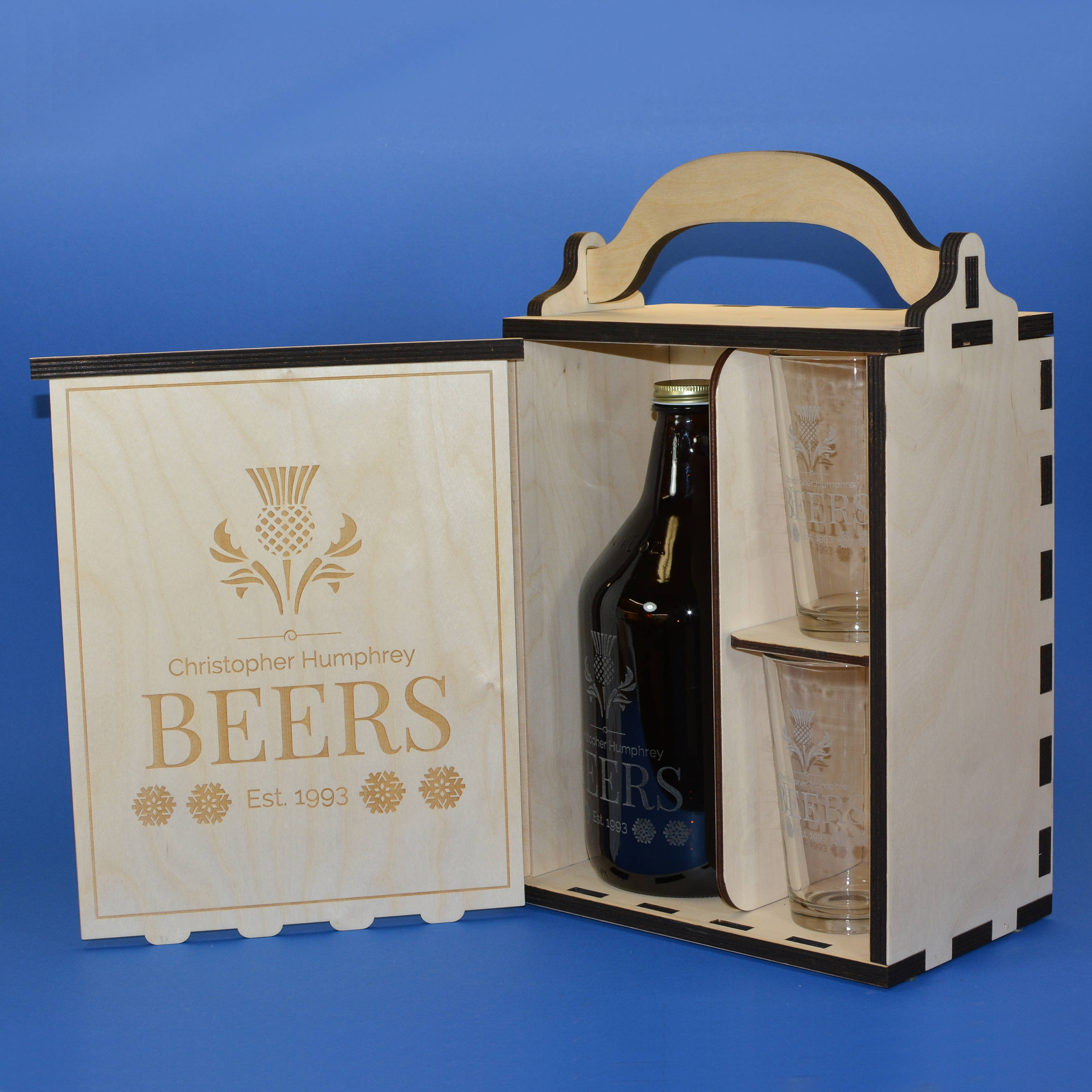 Personalized Wood Beer Growler Gift Box Set with 2 Pint or Belgian