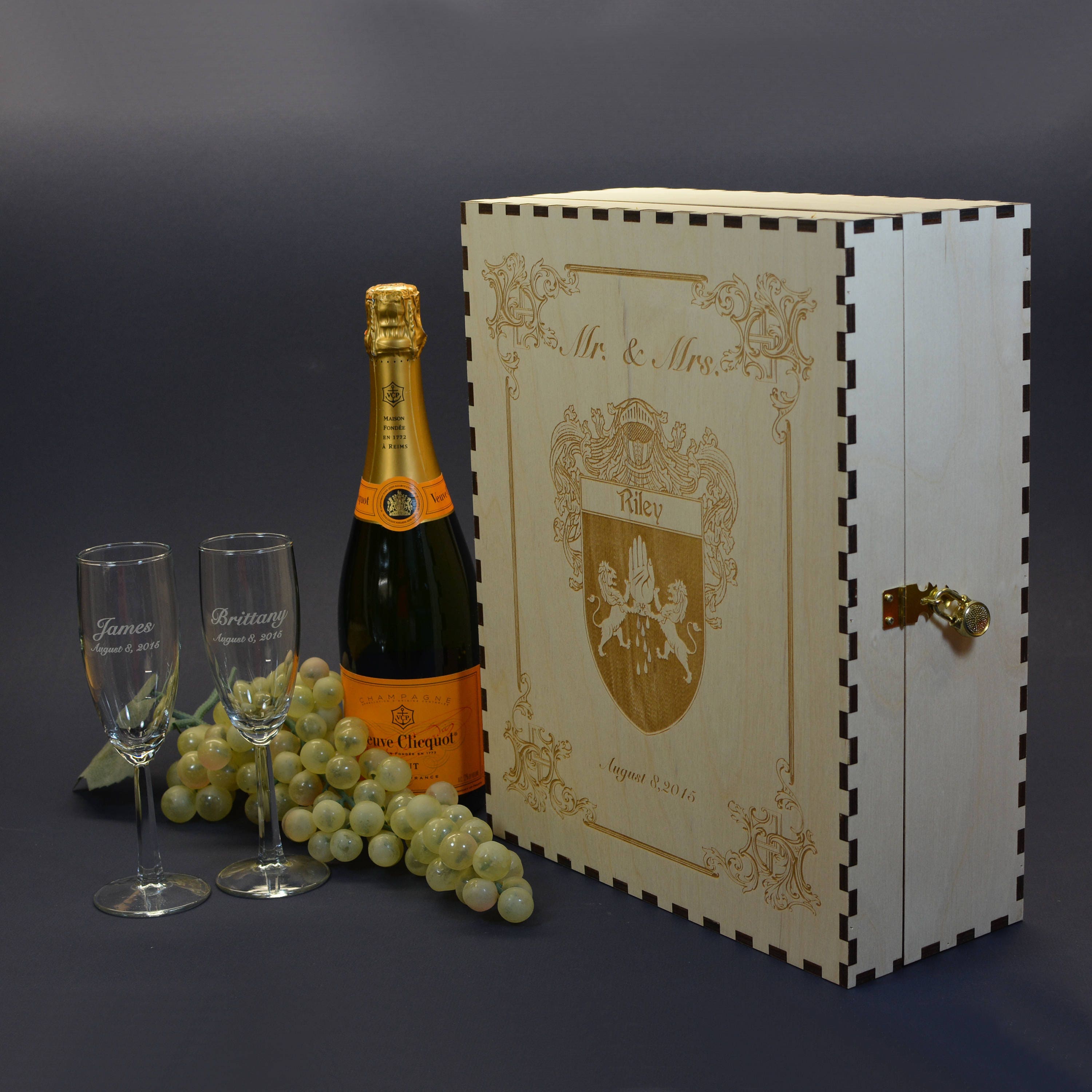 Champagne Gift Box Set with 2 Etched Crystal Flutes and 2 Keepsake