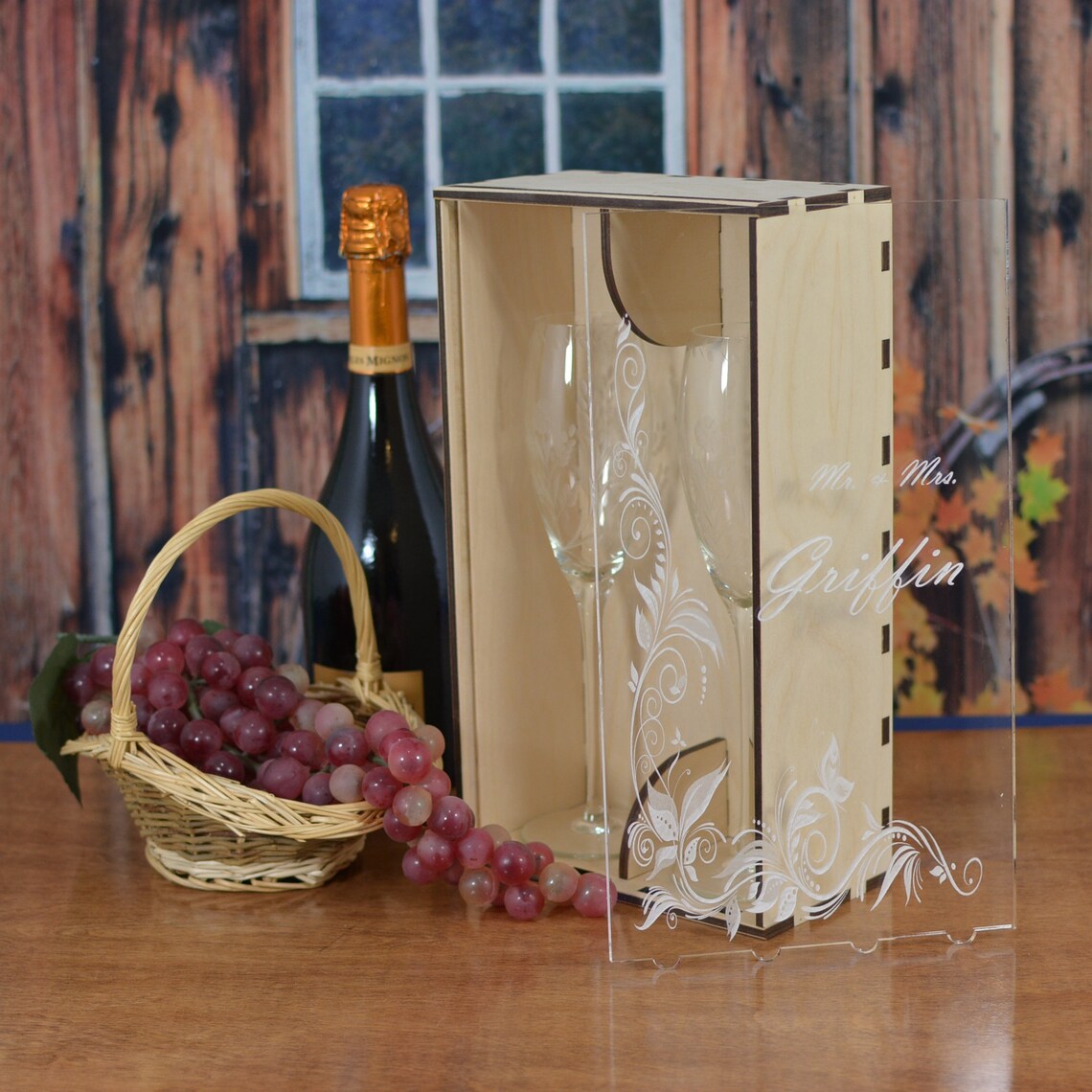 Enrgraved Champagne Flute Gift Box with Acrylic Front Cover Etsy