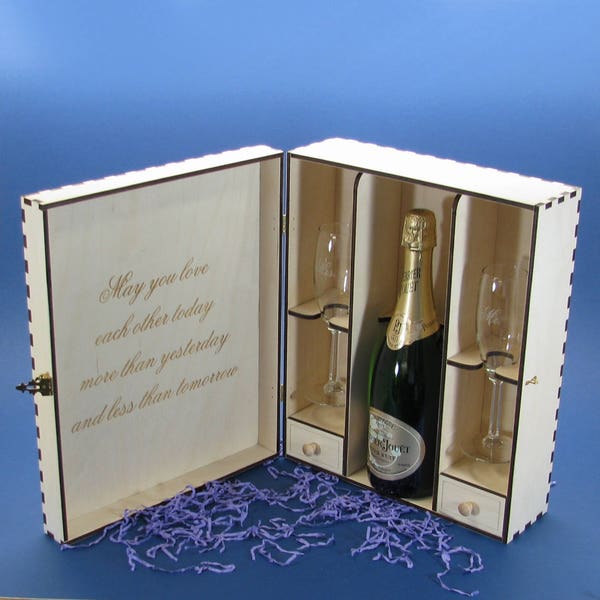 Champagne Gift Box Set with 2 Etched Crystal Flutes and 2 Keepsake Drawers Personalized by you for the Wedding Couple