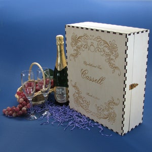 Wedding Champagne Box Set with 2 Keepsake Drawers and 2 Custom Etched Crystal Flutes image 2