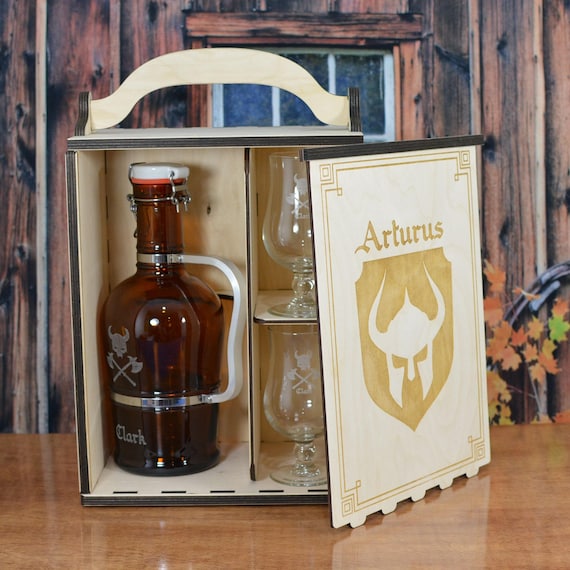 Personalized Wood 2 Liter Grolsch Growler Gift Box with 2 Pints or Belgian Tulip Glasses
