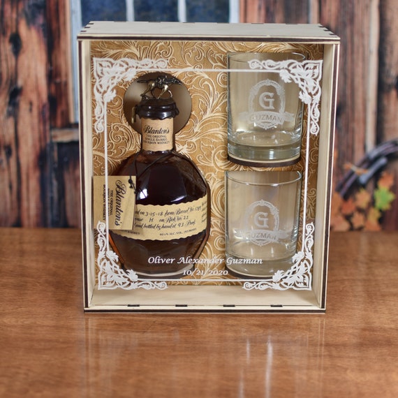 Personalized Custom Wood Whiskey Gift Box with 2 Etched Glasses for your Special Bottle of Liquor